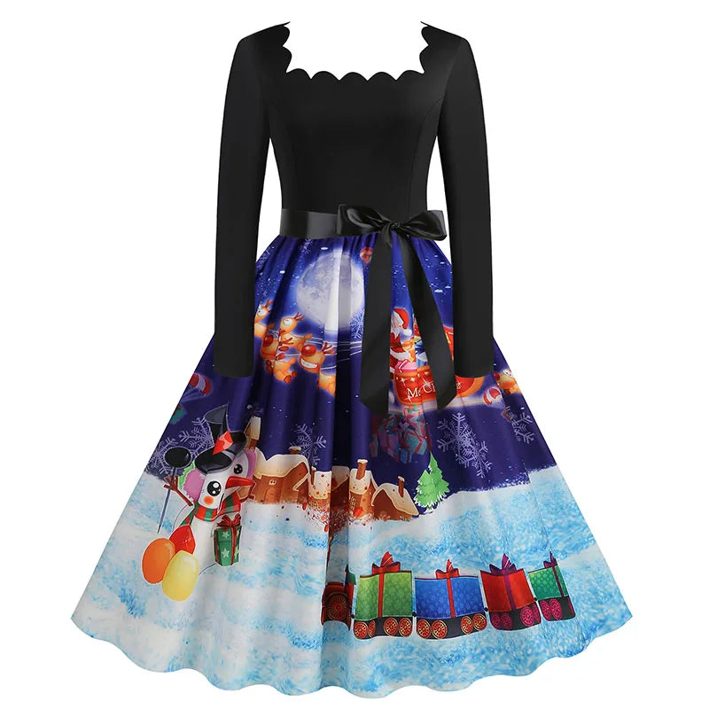 Women’s Vintage Christmas Midi Dress – Square Neck, Long Sleeves, Holiday Print Evening Party Wear