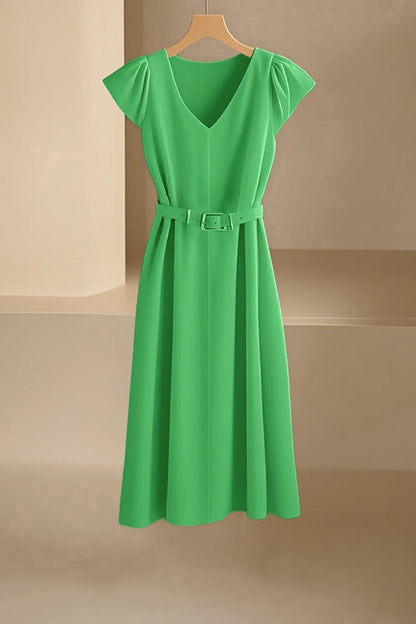 Elegant V-Neck Midi Dress – Soft Stretch Office Chic Dress with Flowy Silhouette