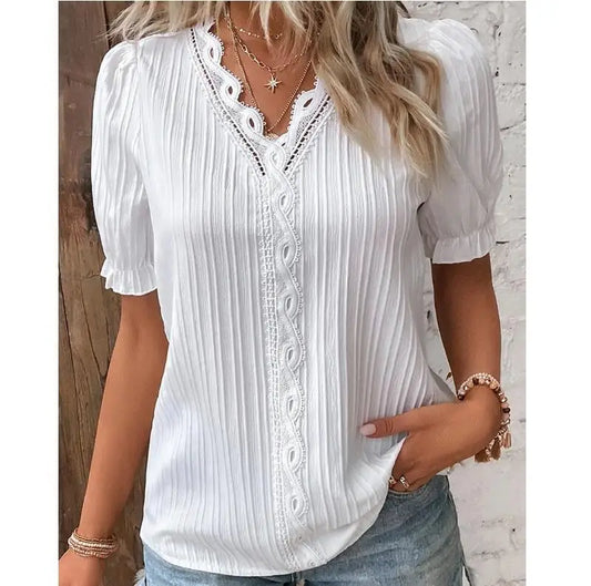 Women’s Lace Trim V-Neck Short Sleeve Blouse – Lightweight Summer Casual Top