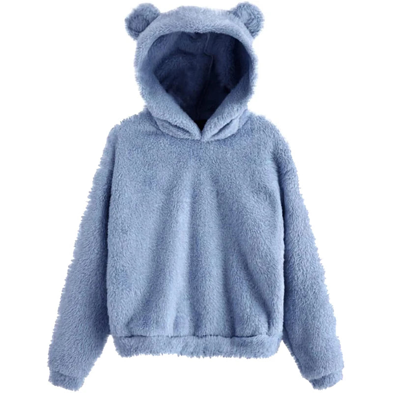 Women’s Fuzzy Bear-Ear Hoodie – Soft Plush Long Sleeve Warm Winter Pullover with Hood