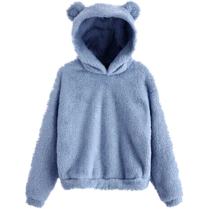 Women’s Fuzzy Bear-Ear Hoodie – Soft Plush Long Sleeve Warm Winter Pullover with Hood