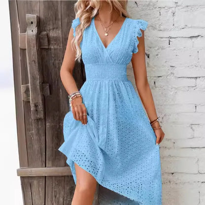 Women’s Lace Trim V-Neck Summer Dress – Flare Sleeve Hollow Detail A-Line Beach & Casual Holiday Dress