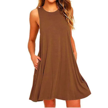 Women’s Casual Swing Pocket T-Shirt Dress – Sleeveless Summer Beach Cover Up, Loose Fit Dress