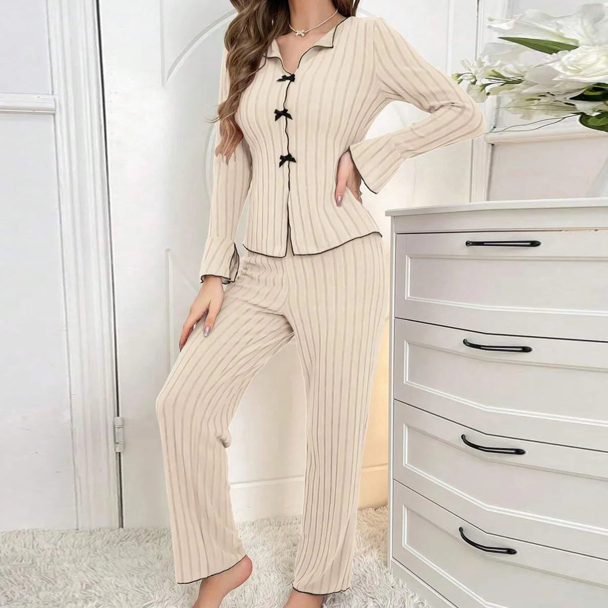 Women’s Ribbed Long Sleeve Pajama Set – Button Top & Pants Loungewear