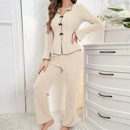 Women’s Ribbed Long Sleeve Pajama Set – Button Top & Pants Loungewear