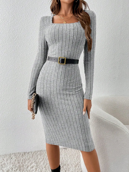 Women's Winter Ribbed Slim Fit Belted Bodycon Midi Dress – Long Sleeve Warm Knit Scoop Neck Dress