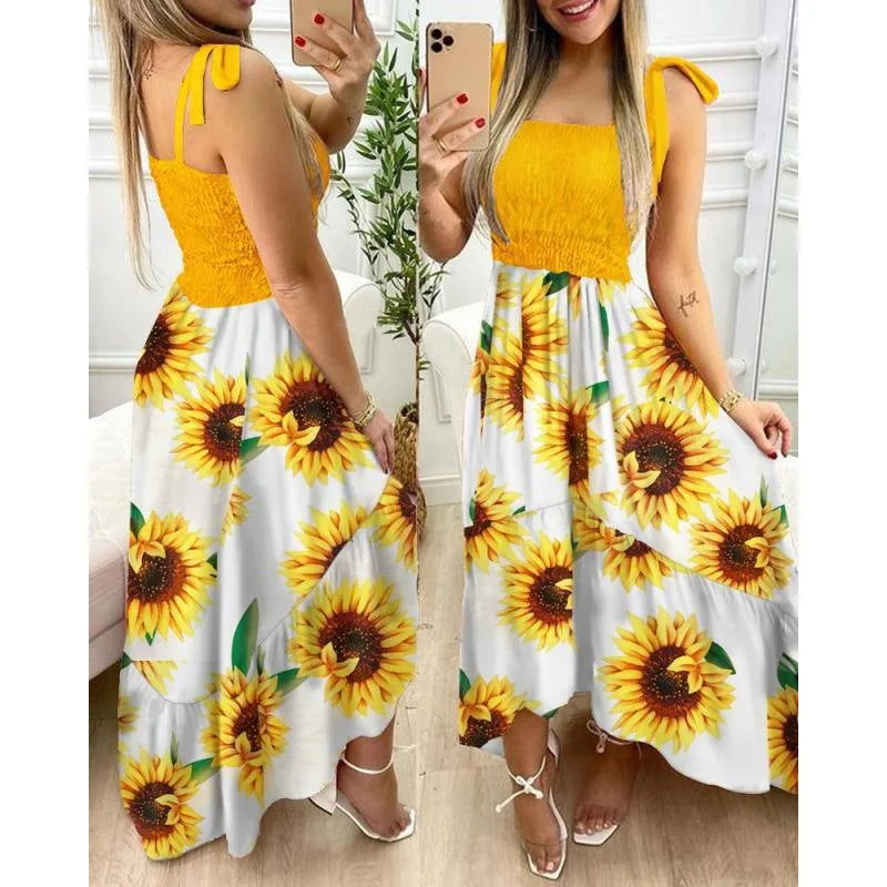 Women’s Floral Tie-Strap Maxi Dress – Sleeveless Smocked Bodice & Summer Dress