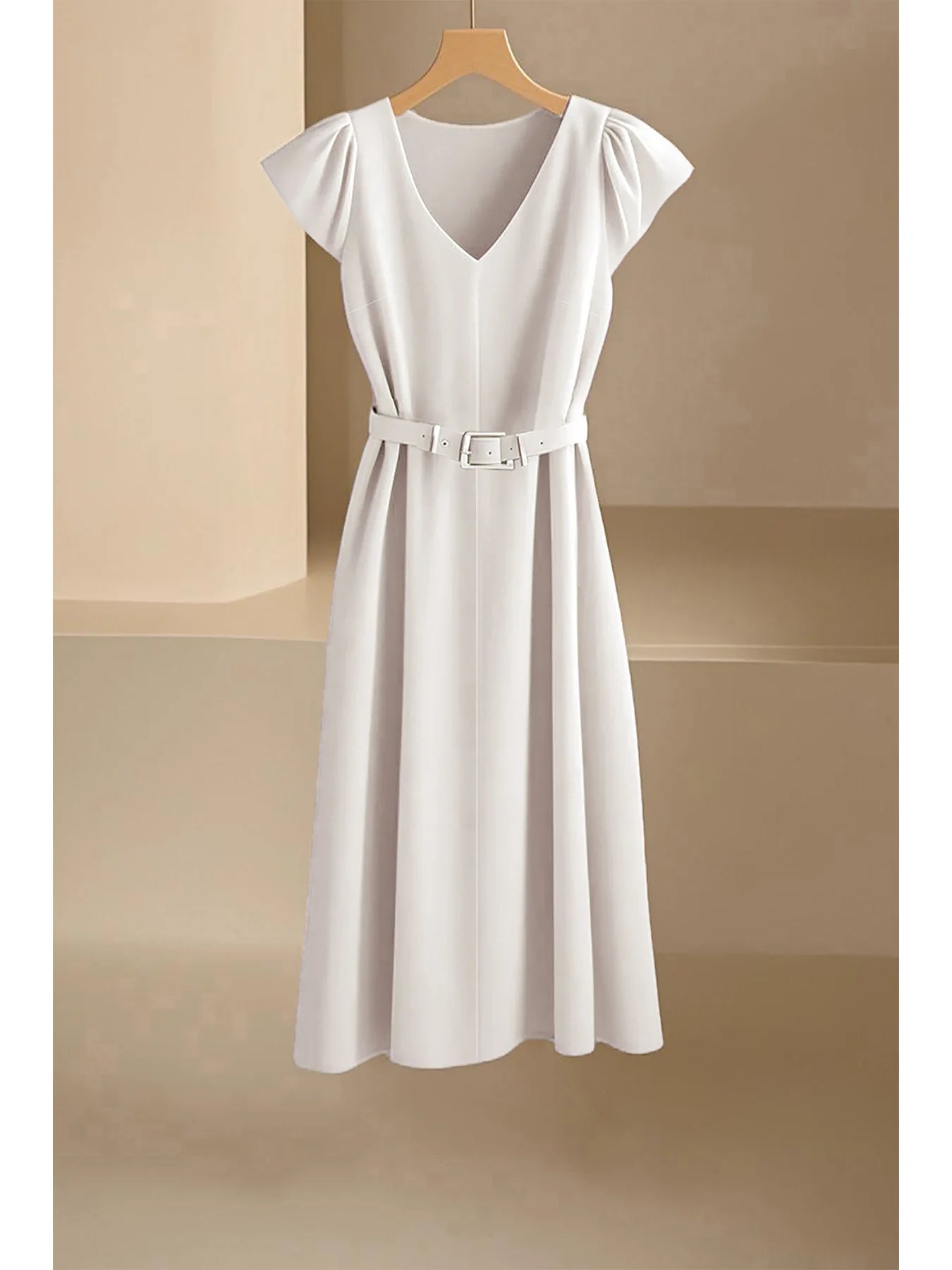 Elegant V-Neck Midi Dress – Soft Stretch Office Chic Dress with Flowy Silhouette