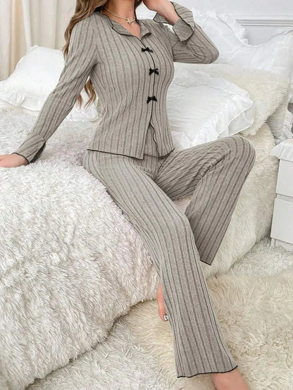 Women’s Ribbed Long Sleeve Pajama Set – Button Top & Pants Loungewear