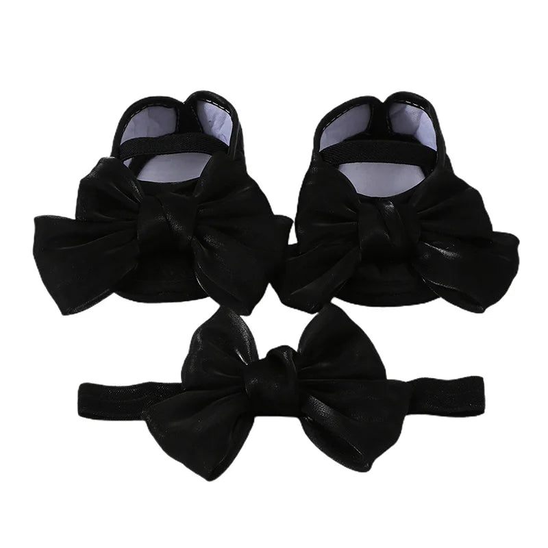 Baby Girl Baptism Mary Jane Shoes & Bow Headband Set – Soft Sole Bowknot for Newborns & Infants