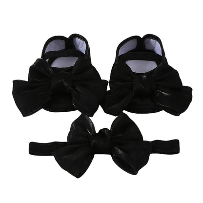 Baby Girl Baptism Mary Jane Shoes & Bow Headband Set – Soft Sole Bowknot for Newborns & Infants