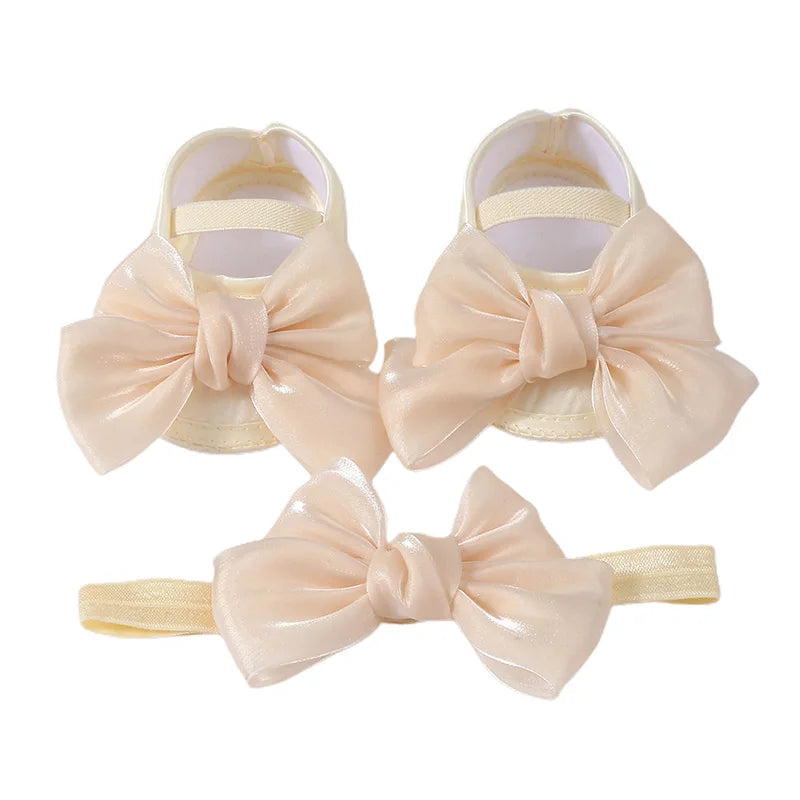 Baby Girl Baptism Mary Jane Shoes & Bow Headband Set – Soft Sole Bowknot for Newborns & Infants