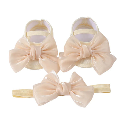 Baby Girl Baptism Mary Jane Shoes & Bow Headband Set – Soft Sole Bowknot for Newborns & Infants
