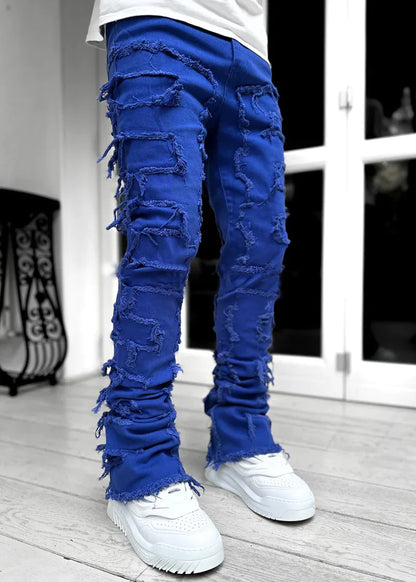 Men’s Stacked Distressed Ripped Jeans – Slim Fit Patchwork Destroyed Denim Streetwear