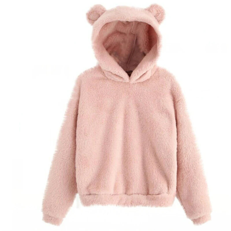 Women’s Fuzzy Bear-Ear Hoodie – Soft Plush Long Sleeve Warm Winter Pullover with Hood