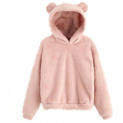 Women’s Fuzzy Bear-Ear Hoodie – Soft Plush Long Sleeve Warm Winter Pullover with Hood