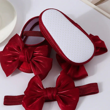 Baby Girl Baptism Mary Jane Shoes & Bow Headband Set – Soft Sole Bowknot for Newborns & Infants