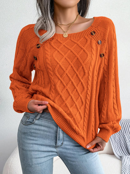 Women’s Square-Neck Button Detail Knit Sweater – Long Sleeve Textured Pullover for Fall & Winter