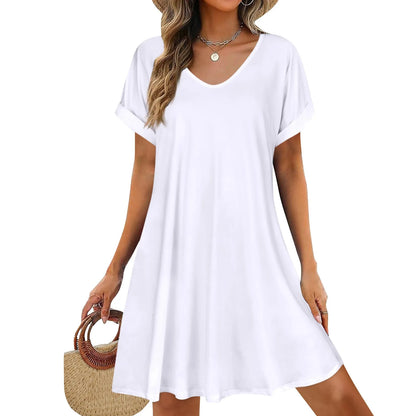 Women’s Loose Swing Summer T-Shirt Dress – Short Sleeve Casual Beach Sundress