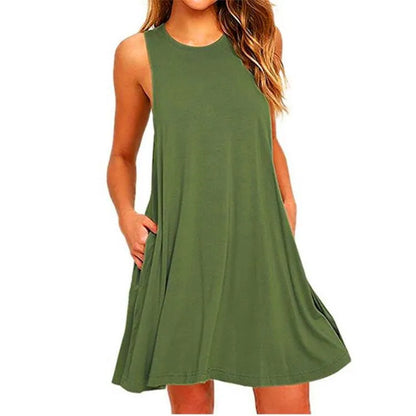 Women’s Casual Swing Pocket T-Shirt Dress – Sleeveless Summer Beach Cover Up, Loose Fit Dress