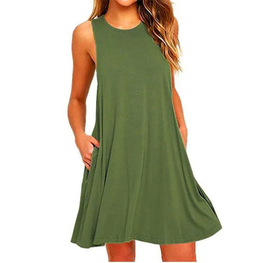 Women’s Casual Swing Pocket T-Shirt Dress – Sleeveless Summer Beach Cover Up, Loose Fit Dress