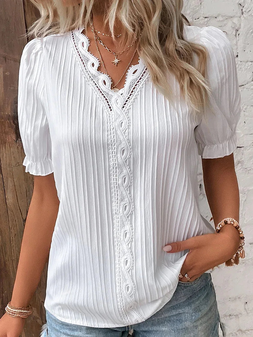 Women’s Lace Trim V-Neck Short Sleeve Blouse – Lightweight Summer Casual Top