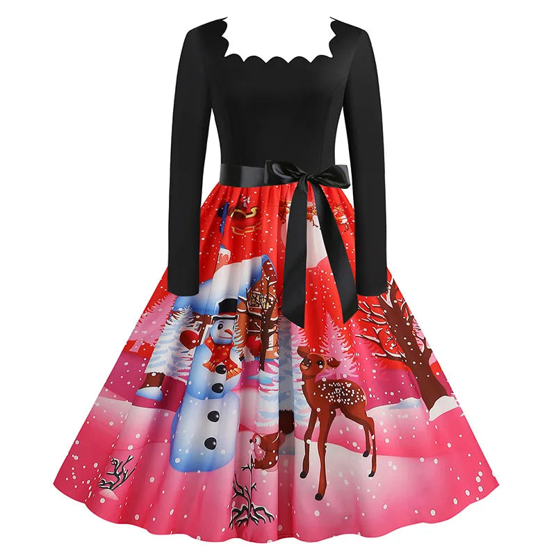 Women’s Vintage Christmas Midi Dress – Square Neck, Long Sleeves, Holiday Print Evening Party Wear