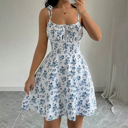 Floral Tie-Strap A-Line Mini Dress – Soft Spaghetti Strap Sundress with Fitted Bodice & Flowy Skirt