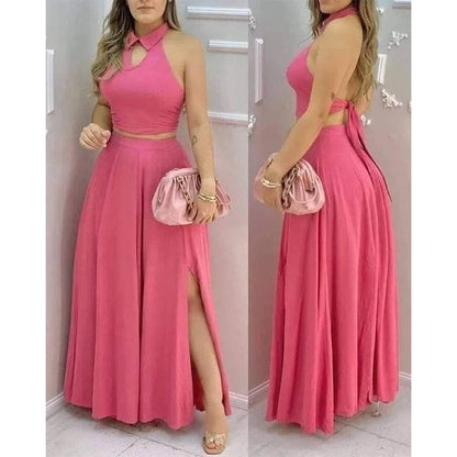 Women’s Pink Two-Piece Maxi Set – Halter Crop Top & High-Slit Flowing Skirt