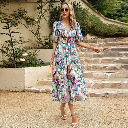 Summer V-Neck Floral Print Maxi Dress -  Lantern Sleeve