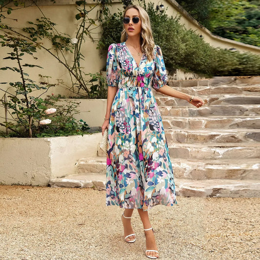 Summer V-Neck Floral Print Maxi Dress -  Lantern Sleeve