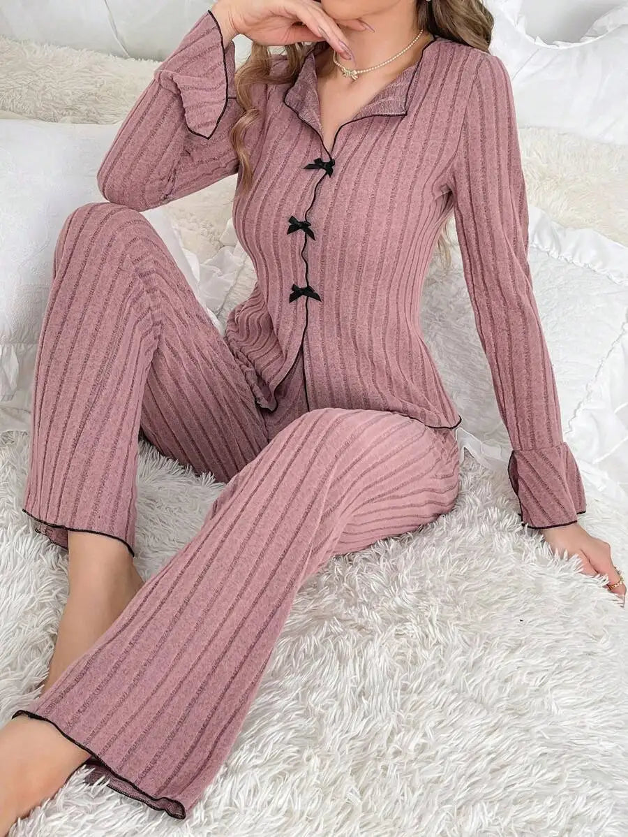 Women’s Ribbed Long Sleeve Pajama Set – Button Top & Pants Loungewear