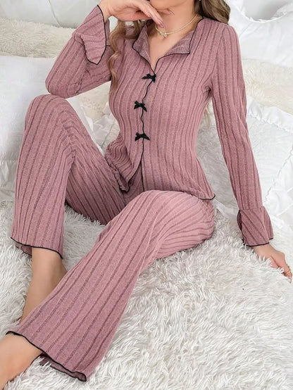Women’s Ribbed Long Sleeve Pajama Set – Button Top & Pants Loungewear
