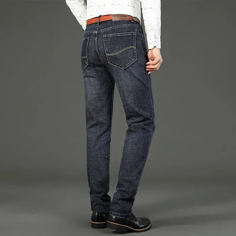 Men’s Fleece Stretch Jeans – Classic Straight-Leg Business Casual Denim Work Pants