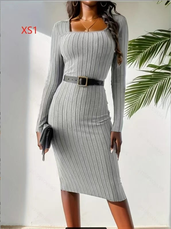 Women's Winter Ribbed Slim Fit Belted Bodycon Midi Dress – Long Sleeve Warm Knit Scoop Neck Dress