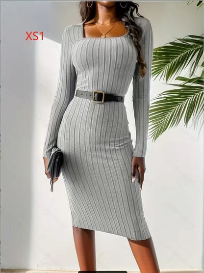 Women's Winter Ribbed Slim Fit Belted Bodycon Midi Dress – Long Sleeve Warm Knit Scoop Neck Dress