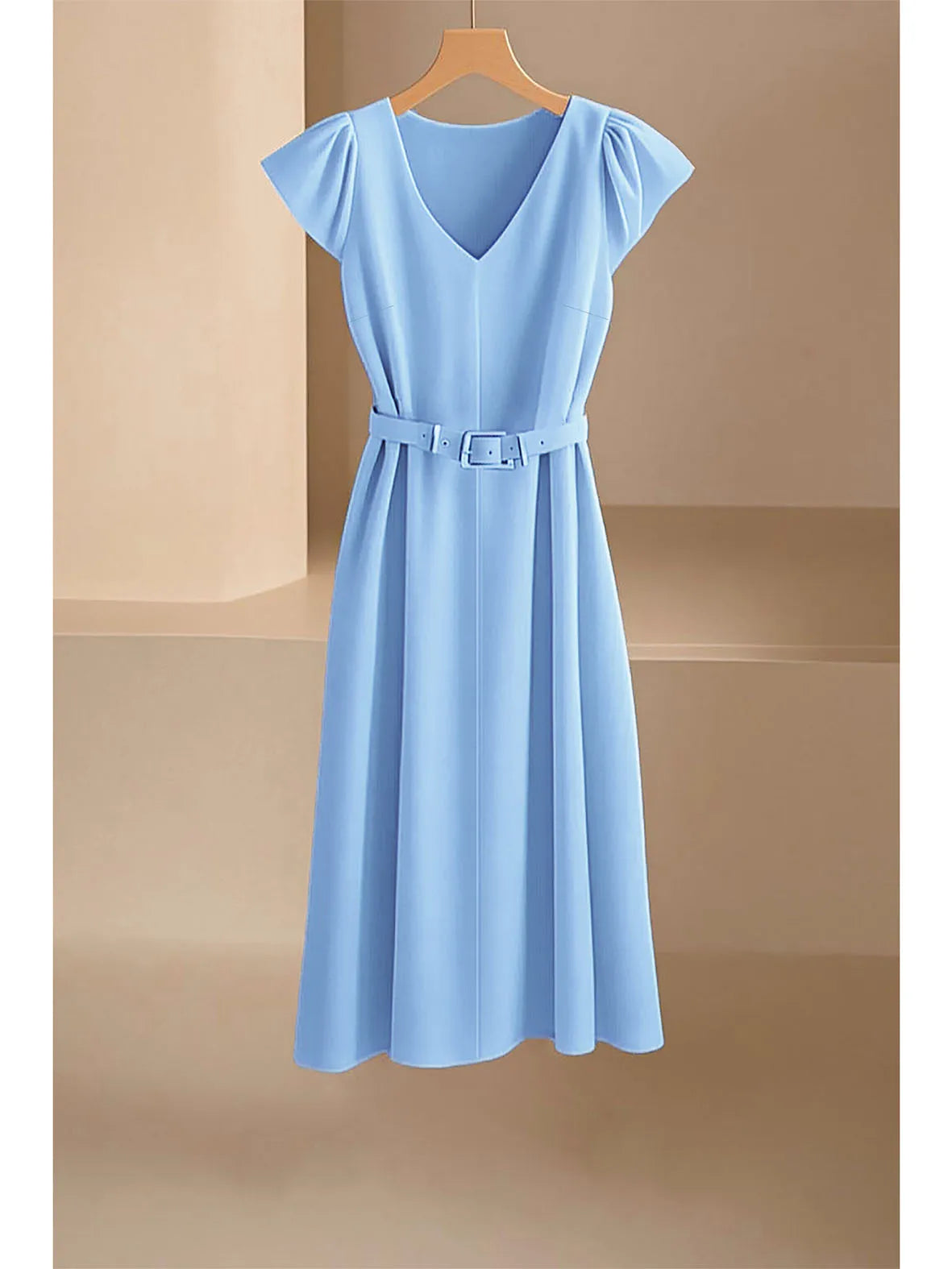 Elegant V-Neck Midi Dress – Soft Stretch Office Chic Dress with Flowy Silhouette