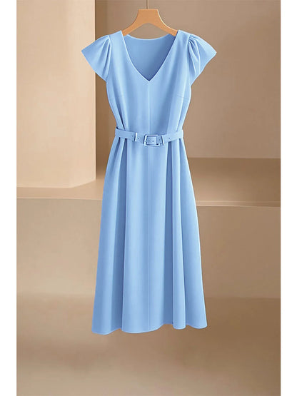 Elegant V-Neck Midi Dress – Soft Stretch Office Chic Dress with Flowy Silhouette