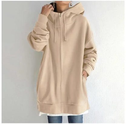 Oversized Hooded Longline Coat – Fleece-Lined Zip Up Tie-Collar Sweatshirt for Women (S–5XL)