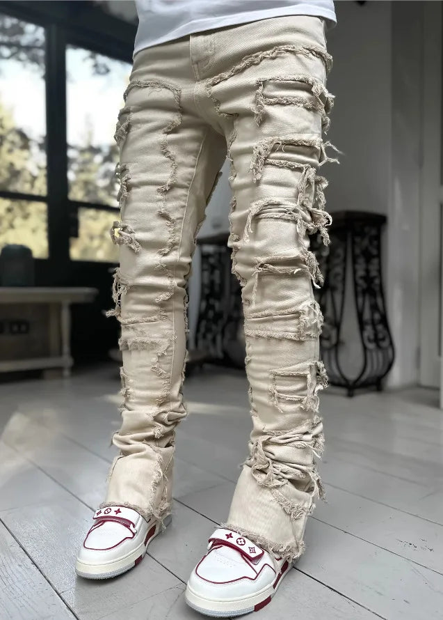 Men’s Stacked Distressed Ripped Jeans – Slim Fit Patchwork Destroyed Denim Streetwear