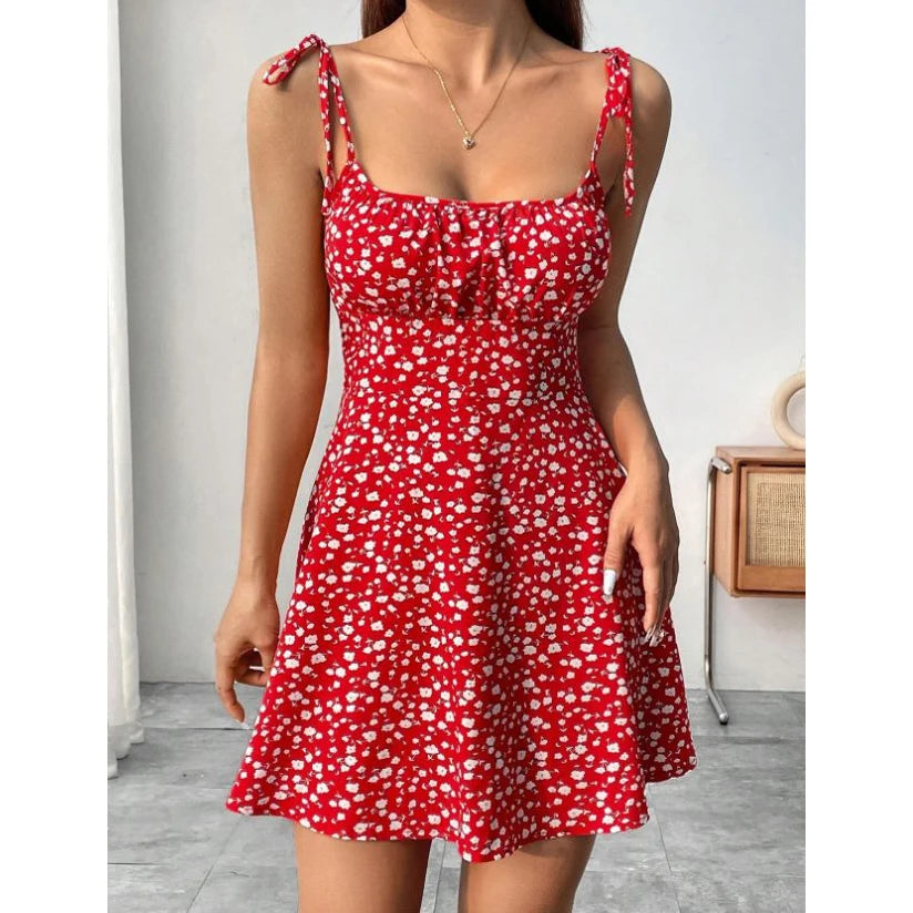 Flirty Red Floral Spaghetti Strap Mini Dress – Tie-Shoulder A-Line Fit, Sexy Summer Casual Sundress