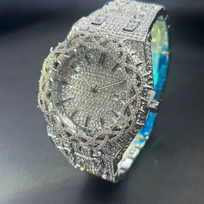 Iced Out Luxury Watch – Heavy Diamond-Look Quartz Wristwatch with Thorn Crown Design