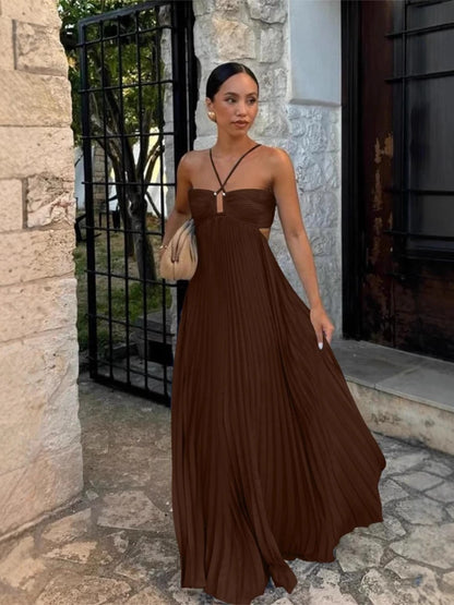 Elegant Pleated Backless Maxi Dress – Women’s Summer Vacation Strapless Camisole Beach Dress