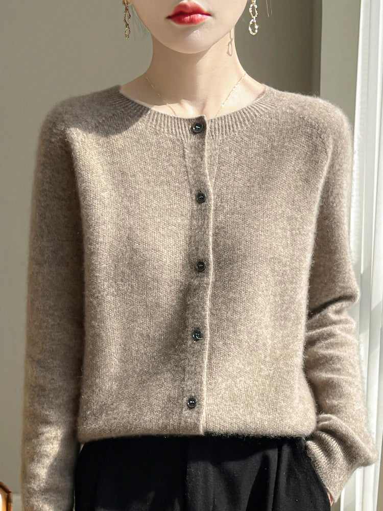 100% Merino Wool Women's Cardigan – Luxury Soft Knit Raglan Sleeve Button-Front Sweater