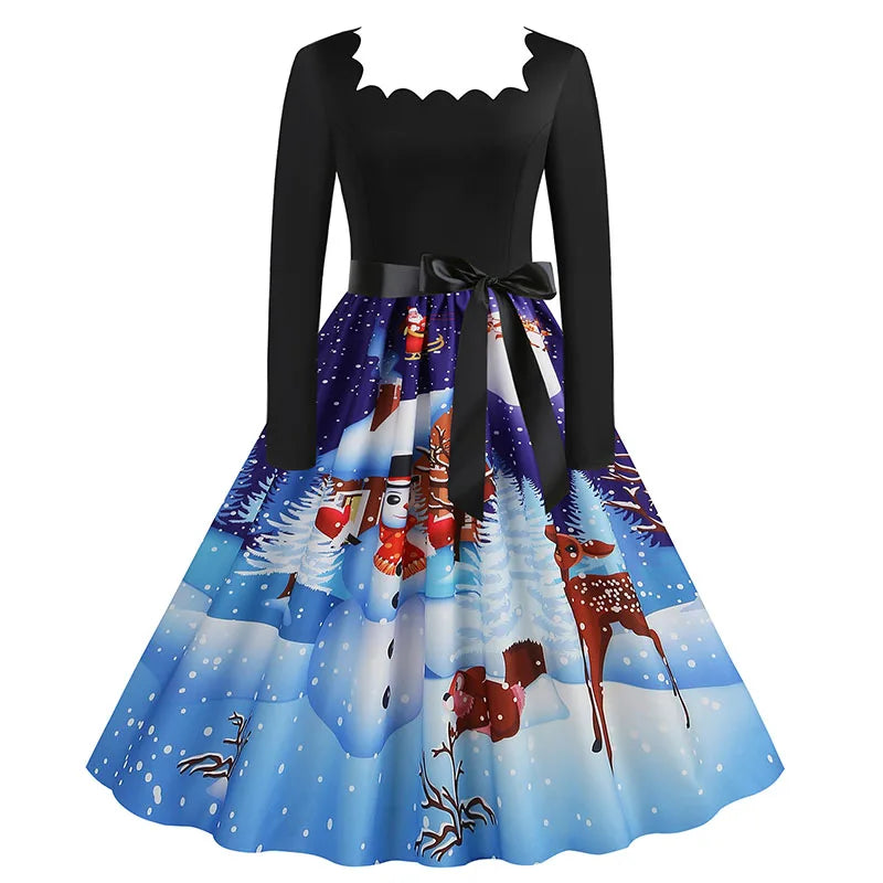 Women’s Vintage Christmas Midi Dress – Square Neck, Long Sleeves, Holiday Print Evening Party Wear