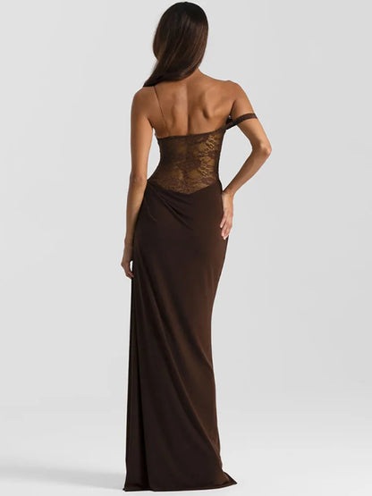 One-Shoulder Lace Maxi Gown – Backless Satin Evening Dress with Sheer Bodice
