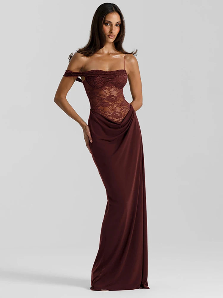One-Shoulder Lace Maxi Gown – Backless Satin Evening Dress with Sheer Bodice