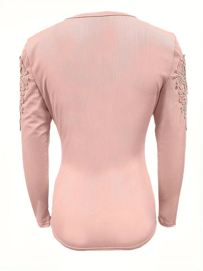 Sexy Lace Sleeve V-Neck Top for Women – Slim Fit Button Detail Long Sleeve Tee